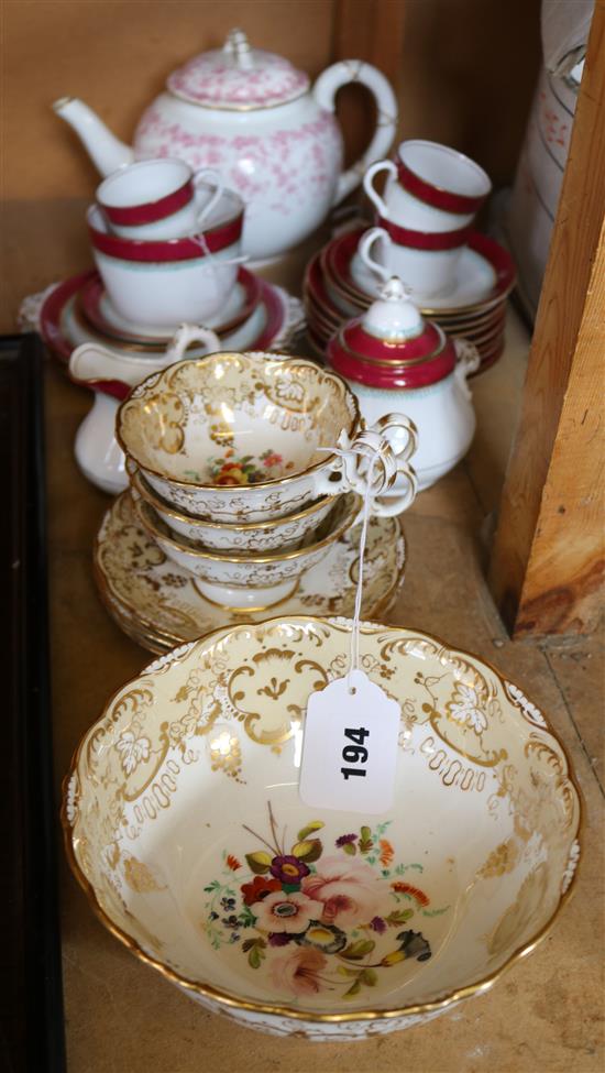 Royal Worcester teapot, decorated pink foliate sprays, Staffordshire part teaset (a.f) & Bloor Derby blue & gilt part table service